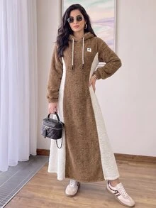 Solavon New Hooded Fleece Sweatshirt Dress With Waist Cinching Slimming A-Line Casual Everyday Versatile Style - Khaki - View 5