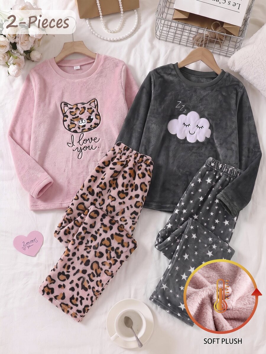 SHEIN 女童居家服套裝 粉色豹紋動物刺繡長袖上衣與豹紋滿版毛絨長褲套裝 - 粉色 - 查看 1