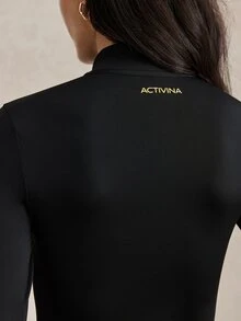 Activina 女款黑色半拉鍊小立領長袖修身運動上衣，修身透氣彈性套頭衫，適合健身房、皮拉提斯、瑜伽、跑步、健身運動 - 黑色 - 查看 3