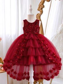 Glamorique Kids 女童金色亮片大蝴蝶結裝飾高低擺網紗花童禮服裙，優雅公主風婚禮生日派對喇叭裙 - 紅色 - 查看 7