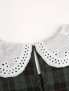 SHEIN Tween女孩秋冬刺繡蕾絲領梭織格紋拼接娃娃洋裝 寬鬆長袖復古學院休閒風 棕色 - 綠色 - 查看 4
