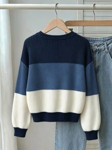 SHEIN 少女圓領卡其色與咖啡色條紋套頭衫，設計感女童毛衣，柔軟針織，簡約休閒長袖上衣，適合秋冬穿著 - 彩色 - 查看 2