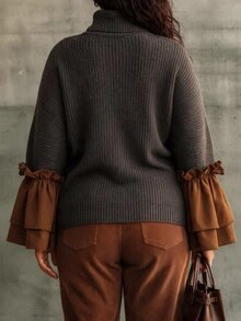 Linhara CURVE Vintage Style High Neck Patchwork Double Layer Ruffle Sleeve Knit Plus Size Pullover Sweater - Grey - View 2