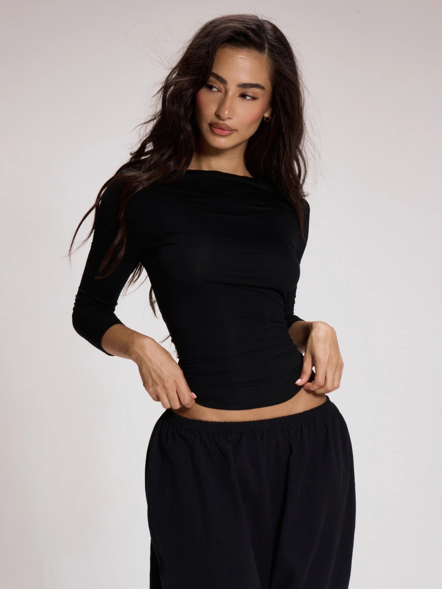 MUSERA ESSENTIALS Boatneck Quarter Sleeve Fitted Top Cute Autumn Winter Fall Daily Christmas Essentials - Black - View 1