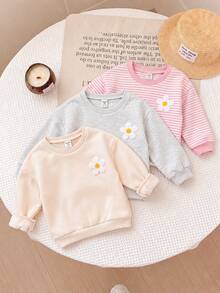 SHEIN 3件組可愛花卉拼接純色長袖秋冬女嬰衛衣 - 淺粉色 - 查看 7