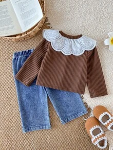 SHEIN 2pcs Toddler Baby Girl Cardigan Jeans Set Brown Solid Knit Ribbed Long Sleeve White Lace Floral Peter Pan Collar Birthday Party Fall Winter Autumn - Chocolate Brown - View 2