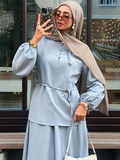 Solavon Completo casual da donna 2 pezzi con top a maniche lunghe e gonna tinta unita