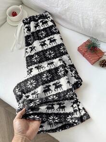 Flirla 1件女款紅色毛絨聖誕圖案抽繩腰口袋彈性腰休閒長褲，秋冬款 - 黑色 - 查看 4
