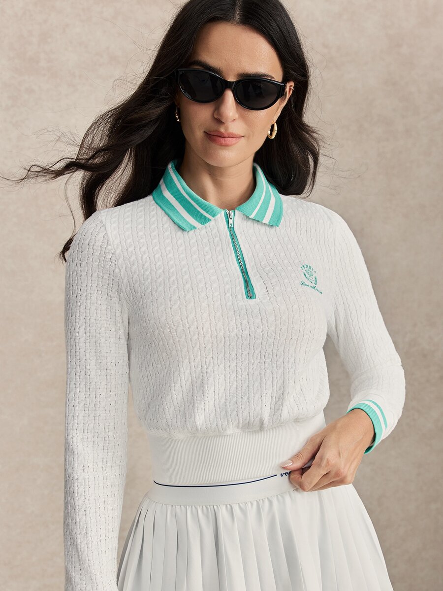 Activina 女款刺繡拉鍊半開襟運動 Polo 衫 - 白色 - 查看 1