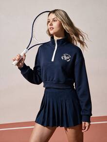 CourtClass Women Tennis Club Cropped Half Zip Sweatshirt, Contrast Trim Collar Long Sleeve Pullover, Vintage Tennis Embroidered Athletic Crop Top For Workout - Navy Blue - View 4