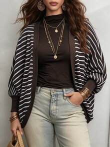 Vionelle طقم نسائي مقاس كبير من قطعتين، كارديجان محبوك مخطط بألوان متباينة مع طبقة داخلية ضيقة برقبة نصف عالية، تصميم أكمام خفاشية، قصة فضفاضة كاجوال، إطلالة أنيقة تنحف الجسم، أسلوب مريح، مناسب للتنقل اليومي والتسوق والخروجات - بني - مشاهدة 4