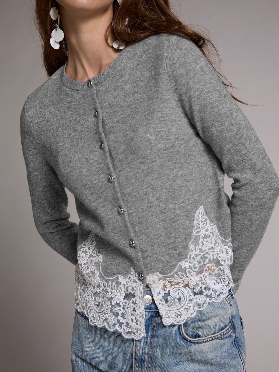 MOTF PREMIUM WOMEN'S LACE PATCHWORK CASUAL DAILY OUTING CARDIGAN - Dark Grey - View 2