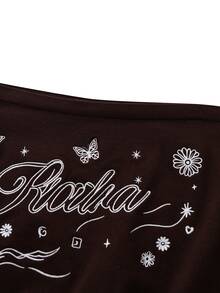 Autumina Women's Asymmetrical Shoulder Letter Print Casual Daily Wear Sweater - Brown - View 3