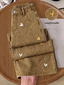 SHEIN Young Girl Fashionable Cute Street Style Heart Embroidery Loose Straight Leg Denim Jeans Autumn Winter - Khaki - View 3