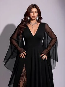 Viva Relle Plus Size Women's Autumn/Winter Black V-Neck Evening Gown, Mesh Flutter Sleeves, Side Lace Slit, Formal Party Dress - Black - View 3