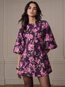 BELROSIE 女款迷你洋裝 收腰 A 字版型 燈籠袖 金色單排鈕扣圓領 抽褶袖口 優雅紫色花卉印花 派對洋裝 新年款 - 彩色 - 查看 5