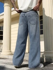 QuarKem Men's Light Blue Horizontal Cat Whisker Wide Leg Jeans, Street Style Mid-Waist Full Length Pants - Blue - View 2