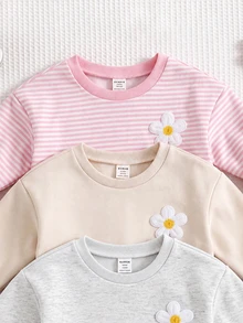 SHEIN 3件組可愛花卉拼接純色長袖秋冬女嬰衛衣 - 淺粉色 - 查看 3