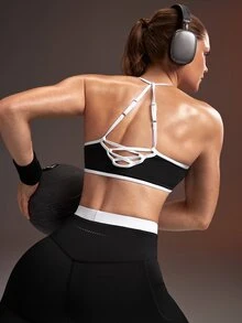 Powerista Women's Black And White Spaghetti Strap Sports Bra - Black - View 2