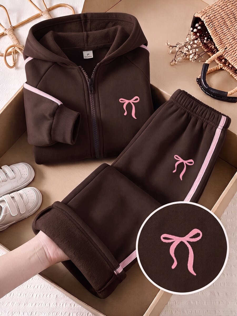 SHEIN 女童 2 件套 秋季/毛茸茸抓絨彈性針織休閒連帽拉鍊運動外套與寬鬆寬腿長褲套裝 7 歲生日 棕色 - 棕色 - 查看 1