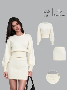 Autumina Women's Solid Color Crew Neck Long Sleeve Sweater And Knitted Skirt Casual Set - White - View 3