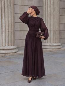 Veilorie Women's Solid Color Round Neck Lantern Sleeve Pleated Elegant Long Dress - Burgundy - View 4