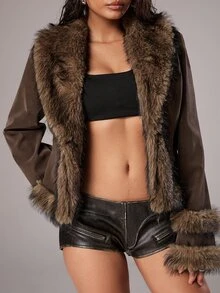 TRNVIE Women's Winter Faux Fur Collar Faux Fur Coat - Coffee Brown - View 5