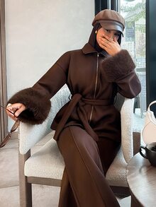 Solavon New Design Fluffy Cuff Waist-Tie Loose Fit Casual Versatile Elegant Warm 2 Pieces Set - Brown - View 2