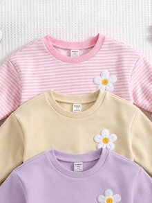 SHEIN 3件組可愛花卉拼接純色長袖秋冬女嬰衛衣 - 淡紫色 - 查看 3