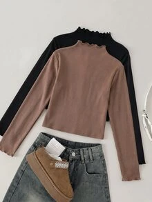 SHEIN Tween Girl Autumn/Winter New Casual Minimalist Comfortable Knit Fleece Solid Color High Neck Long Sleeve T-Shirt 2pcs/Set Random - Multicolor - View 2