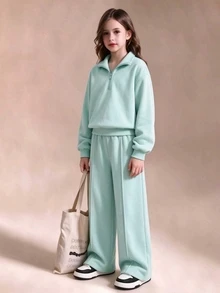 SHEIN 青少年女孩秋冬抓絨半拉鍊運動衫與長褲套裝，薄荷綠純色長袖套頭運動服，休閒校園穿搭 - 薄荷綠 - 查看 6