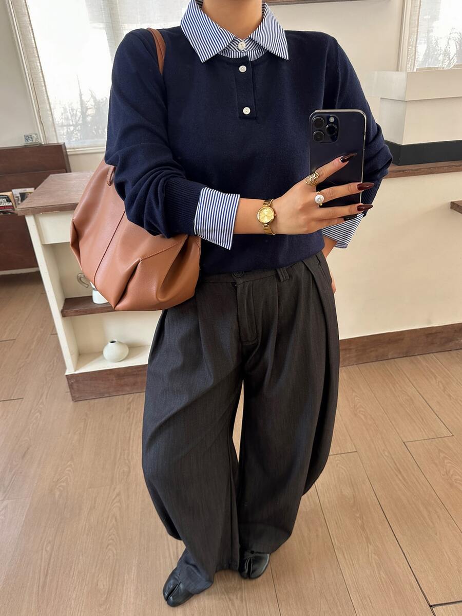 Dazy Plus Patchwork Contrast Color 2 In 1 Long Sleeve Collared Casual Vacation Korean Style Autumn/Winter Sweater - Navy Blue - View 1