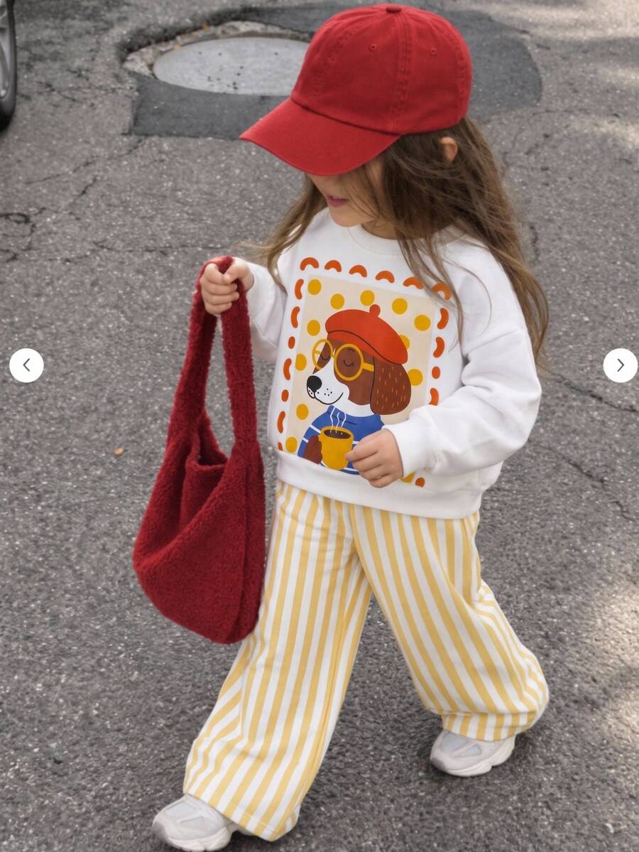 THE HAPPY LOOK 2PCS Kids Young Girl Casual Comfortable Printed Crew Neck Pullover Long Sleeve Sweatshirt And Printed Long Pants Knit Sweatshirt Set - White - View 1