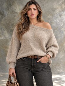Ceyna Women's Slouchy Asymmetrical Shoulder Sweater, Loose Lantern Sleeve Soft Knit Pullover, Autumn/Winter Exposed Shoulder Atmospheric Top - Apricot - View 6