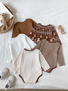 SHEIN Playful Pals بدلة أطفال أولاد لطيفة بطبعة دب كرتونية مخططة على كامل الجسم بألوان متباينة وأكمام طويلة وياقة مغلفة، طقم متعدد القطع للخروجات والعطلات في فصل الخريف - بني - مشاهدة 2