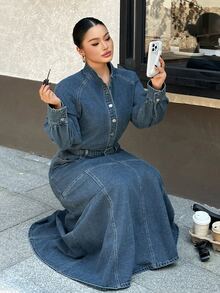 Dazy Plus Vintage Washed Denim Loose Small Collar Denim Top & Fitted Fishtail Skirt Elegant 2 Pieces Set - Dark Wash - View 4