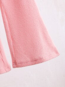 SHEIN 女童春夏秋冬休閒T恤套裝，不對稱套頭鈕扣領，羅紋針織刷毛布料，淺粉色長袖上衣＋喇叭褲，適合日常休閒可愛時尚優雅穿搭 - 粉色 - 查看 8