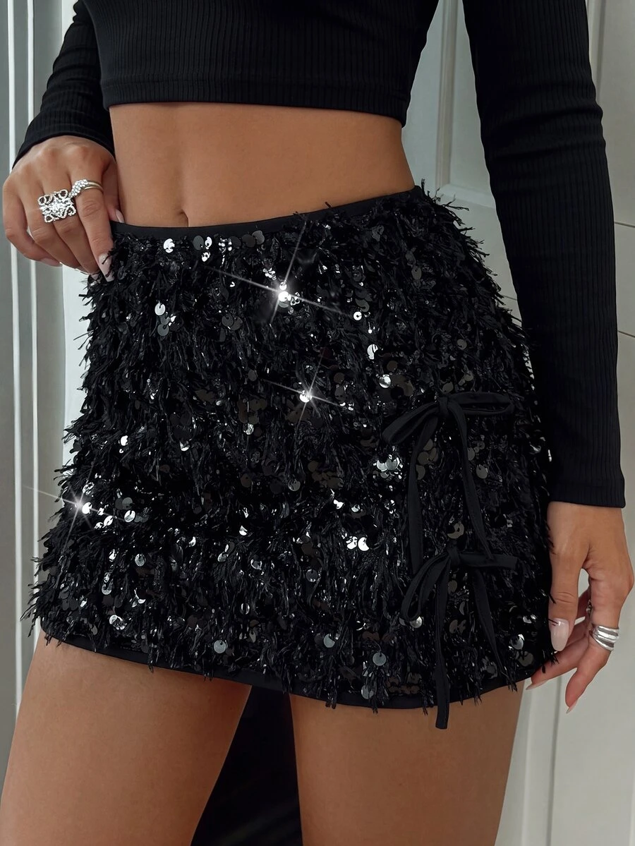 Elyressa Women's Solid Color Sequin Fashion Party Occasion Skirt - Black - View 1