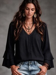 Linhara CURVE Women's Plus Size V-Neck Long Sleeve Black Blouse, Lace Collar, Ruffle Sleeves, Casual Commute, Daily Wear, Vacation, Dating, Autumn Blouse - Black - View 4