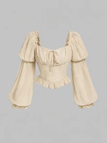 SHEIN Girlism 青少年女孩休閒百搭方領露肩百褶泡泡袖短版上衣，春夏新品 - 卡其色 - 查看 1