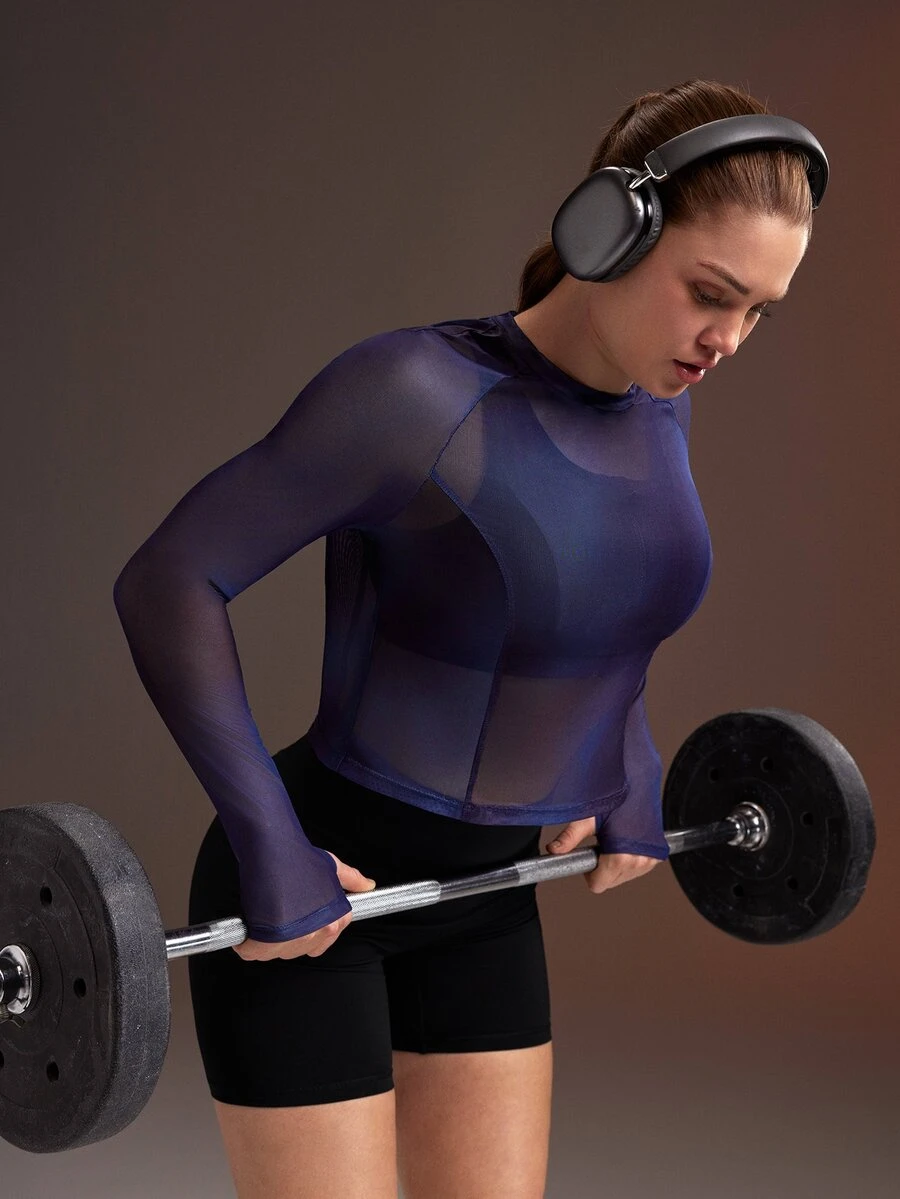 Powerista ملابس علوية رياضي نسائي أزرق داكن مطبوع بأكمام طويلة ضيق من الشبك - أزرق بحري - مشاهدة 1