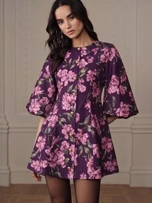 BELROSIE 女款迷你洋裝 收腰 A 字版型 燈籠袖 金色單排鈕扣圓領 抽褶袖口 優雅紫色花卉印花 派對洋裝 新年款 - 彩色 - 查看 8