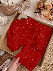 SHEIN 聖誕新年紅色亮粉圓點、甜美復古女孩手寫「Holly Jolly」字母，女款休閒舒適抓絨內裡寬鬆圓領衛衣與運動褲2件套，適合秋冬日常穿著，慵懶隨性復古聖誕風，限量節日禮物，快樂假期姐妹裝，舒適氛圍 - 彩色 - 查看 6