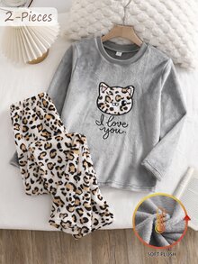 SHEIN 女童居家服灰色豹紋動物刺繡長袖上衣與豹紋滿版毛絨長褲套裝家居服 - 彩色 - 查看 1