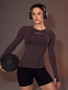 Powerista Women's Letter Print Seamless Casual Daily Sports Long Sleeve T-Shirt - Purple - View 6