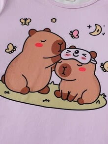 SHEIN Tween女孩可愛灰色無尾熊印花圓領長袖上衣與全印花長褲，動物慵懶居家服2件套，適合秋冬，親子家庭套裝睡衣 - 彩色 - 查看 7