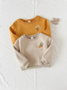 Loomiva 2件裝女嬰刺繡花卉與檸檬圖案軟針織圓領長袖套頭運動衫，適合秋冬 - 黃色 - 查看 6