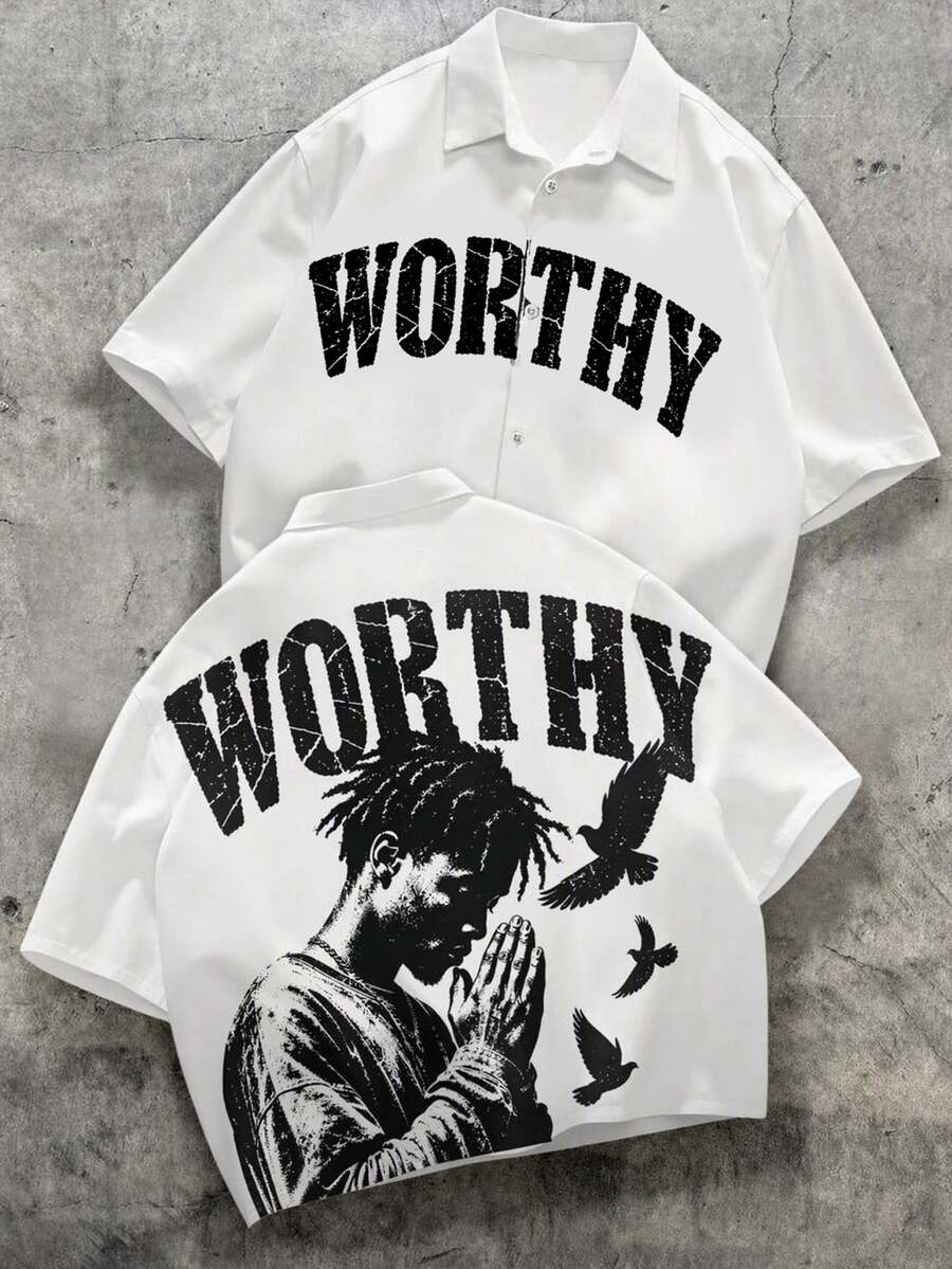 Swayrox Men's Letter & Character Print Short Sleeve Single-Breasted ...