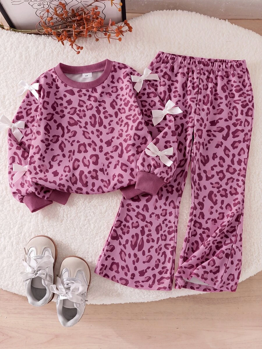 SHEIN Tween Girls Striped Bow Decor 2 Pieces Outfit, Waffle Knit Long Sleeve Top & Ribbed Flare Pants Set - Purple - View 1