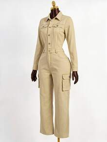 SHEIN Women's Long Sleeve Single-Breasted Cargo Pocket Denim Jumpsuit - Brown - View 4